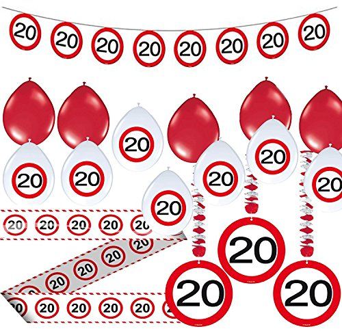 CARPETA 23-TLG. Partyset * 20. Geburtstag * mit Verkehrschild Deko: Wimpelkette + Rotorspiralen + Absperrband und vielen Luftballons Dekoset Dekobox Verkehrsschild zwanzig Schild Jubiäum