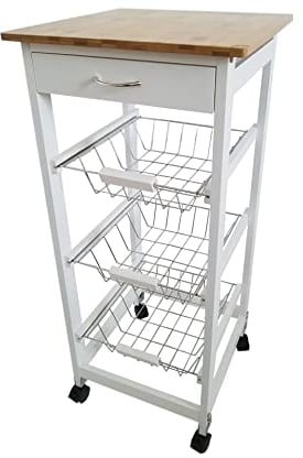 Mueble Gestion Verdulero frutero, Carro de Cocina con Ruedas, 37x37x85 Blanco Tapa Madera Oporto 6