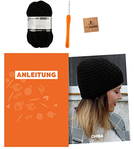 myboshi Häkelset Mütze Chiba, inkl. No.1 Wolle, Nadel und Anleitung, für Mützen und Schals, Häkelpaket, 30% Merinowolle Schwarz, mit Häkelnadel