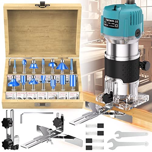 110V 800W Palm Router Electric Hand Trimmer Wood Router 1/4 Collets Woodworking Tool Laminate Trimmer + Tungsten Carbide Router Bits 15-Piece Set