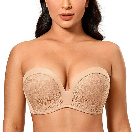 Delimira Women's Strapless Bra Padded Push Up Underwired Support Lift Plus Size Lace Bandeau Bra Natural 34C