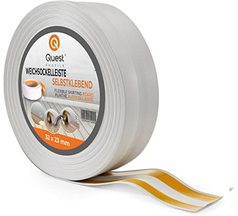 Quest Weichsockelleiste Selbstklebend, PVC Sockelleiste, Abschlussleiste - 32 mm x 23 mm - Flexible Knickleiste für Innenbereich, Wand, Boden - Dicht, Dekorativ - 25 Meter, Hellgrau