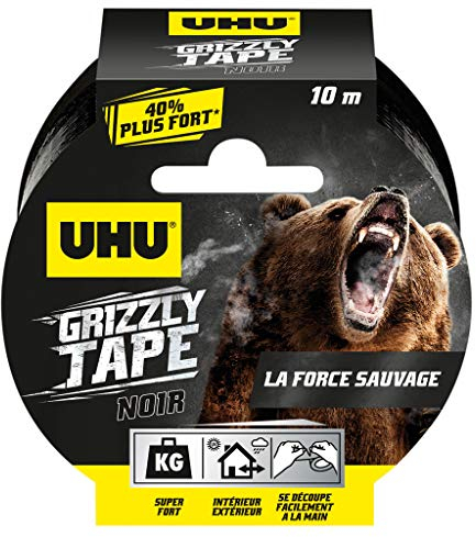 UHU Grizzly Tape – Gewebeklebeband, wasserdicht, zum Reparieren, Konsolidieren, Abdichten, Verbinden, Ultra stark und langlebig, Schwarz, 10 m x 50 mm