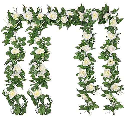 YMIFEEY 4 x 2,2m Künstliche Rosen Girlande Blumengirlande Rosen Rebe Seidenblumen Hängend Kunstblumen Deko Gefälschte Blumen mit grünen Blättern für Hochzeit, Party, Haus, Garten Dekoration (Weiß)