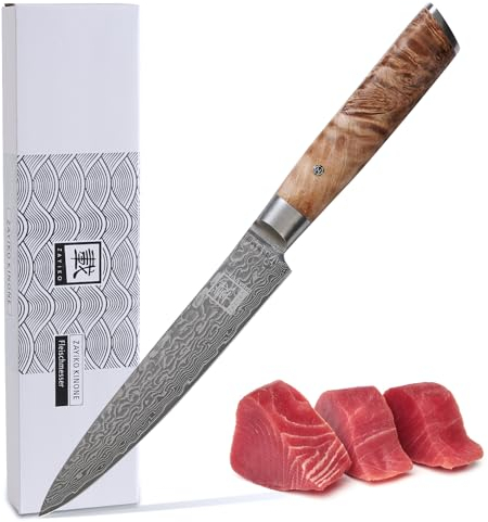 zayiko Kinone Premium Tranchier- & Fleischmesser - 17 cm Klinge, 67 Lagen Damaststahl, Ergonomischer Birkenwurzelholzgriff, Ideal für Profi- und Hobbyköche