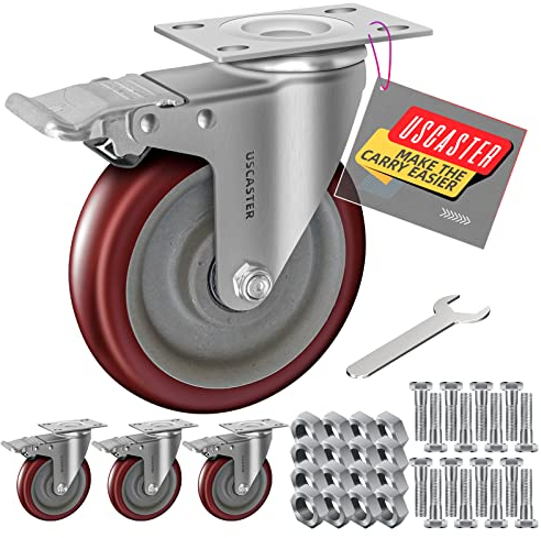 Uscaster Rollen 3 Zoll Lenkrollen Schwerlastrollen Set mit 4 Bremsen 454,5 kg Belastung für Schubwagen Dolly & Werkbank mit Schrauben & Schraubenschlüssel