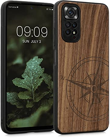 kwmobile Hülle kompatibel mit Xiaomi Redmi Note 11 / Note 11S Hülle - Holz Case - Handy Cover - TPU Handyhülle in Dunkelbraun Kompass Vintage