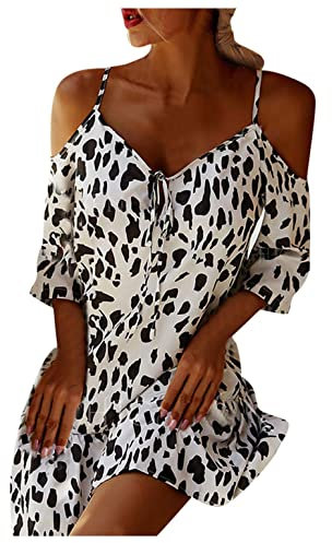 SIGOYI Summer Dress Women Cold Shoulder Cow Print Half Sleeve Mini Dress Loose V Neck Off Shoulder A-Line Dresses White