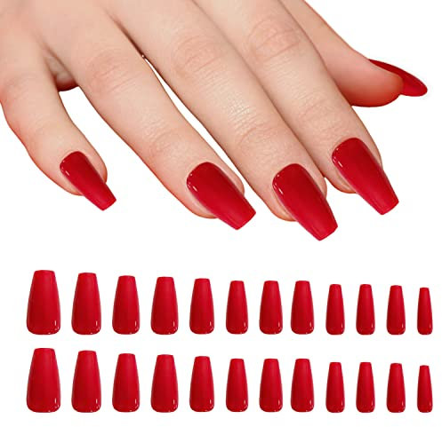 False Nails, 24PCS Red Long Coffin Bellarine Tapered Full Cover Glossy Fake Nails, Solid Color Artificial Finger Manicure for Women Girls Nail Decorations Y7CSMJJP (red)