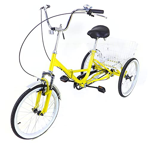 Dreirad Für Erwachsene 20 Klappbar Tricycle, Dreirad Erwachsene Rikscha Fahrrad 1 Gang mit 3 Rädern und Korb, Geschenk für 25-75 Jahre Adult, Gelb