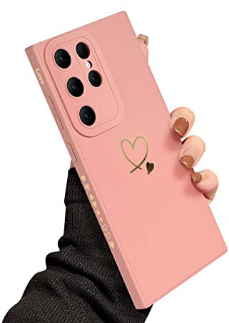 Newseego Compatibile con Samsung Galaxy S23 Ultra Cover, Cute Gold Love Heart Pattern Donne Ragazze Morbido Silicone Liquido Protezione Fotocamera Cornice Laterale per Samsung Galaxy S23 Ultra-Rosa