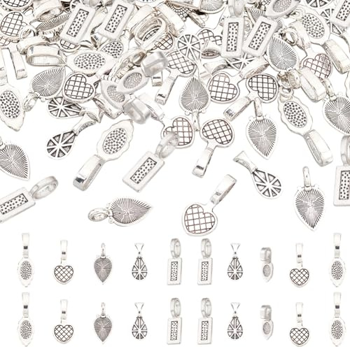 arricraft 100 Pcs Glue on Bails, 5 Styles Mixed Tibetan Style Charms Assorted Heart Teardrop Leaf Flat Pad Bails Tag Charms for Earring Necklace Jewelry