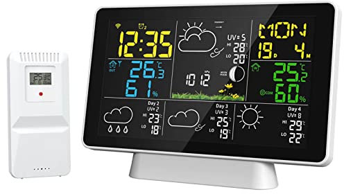 Kavolet WiFi Wetterstation, Kabelloses Innen- und Außen-Hygrometer-Thermometer, Temperatur- und Luftfeuchtigkeitsanzeige, Digitale Wettervorhersagestation, Wecker mit Außensensor & Adapter