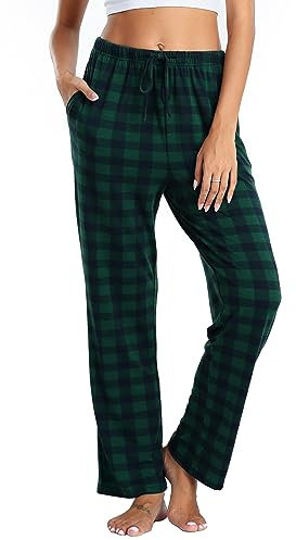 Lovasy Pantalon Pyjama Femme à Carreaux Bas de Pyjama en Coton Hiver avec Poches Pantalon de Nuit Doux et Confortable Long Grande Taille B-Vert foncé XL