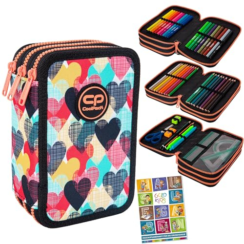 Goldkids CoolPack XXL Chocolove Federtasche Federmappe 3-Fach Schulstiftetui, dreifaches Federmäppchen, Federmäppchen für Mädchen, Jungen, Federmäppchen 44-teilig gefüllte Schüleretui 3-stöckig