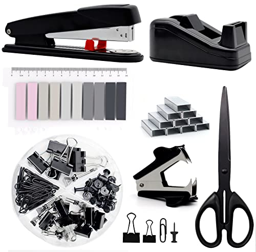 Schwarzes Bürobedarf, Schwarzes Schreibtischzubehör, Hefter und Klebebandabroller-Set für mit großem Hefter, Klebebandspender, Heftklammerentferner, Heftklammern, Clips, Schere und Tabs,