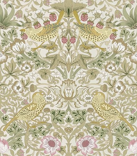 HueBurst 17.7x394in William Morris Peel and Stick Wallpaper Vintage Floral Wallpaper Flower/Strawberry/Bird Wallpaper Self Adhesive Contact Paper Removable for Living Room Dining Room Kitchen Decor
