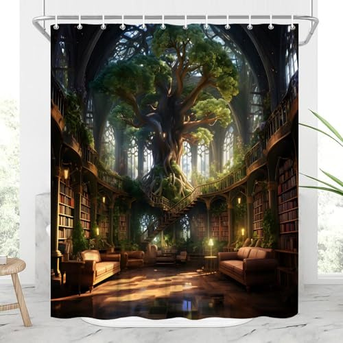 Bibliotheks-Duschvorhang, Vintage-Bücherregal, Gothic-Bücherregal, mittelalterliches Arbeitszimmer, grüner Baum, magisches Waldschloss, antike Polyester-Vorhänge, Badezimmer-Dekor mit Haken, 178 x 178