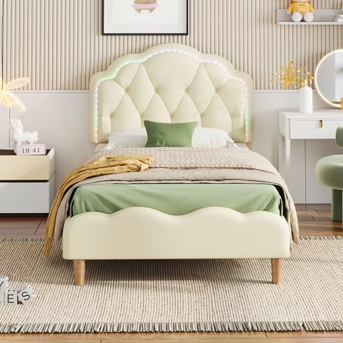 Ojiuboo Polsterbett, gewelltes Kopfteil mit Zugpunktstangen, mehrfarbiger, farbwechselnder LED-Lichtstreifen, Kinderbett mit Holzlatten, Einzelbett, PU, für Jugendliche geeignet, weiß, 90x200cm