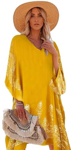 breezy lane Robe caftan de plage pour femme pour maillot de bain, cache-maillot de bain floral, tenue de villégiature, jaune, taille unique