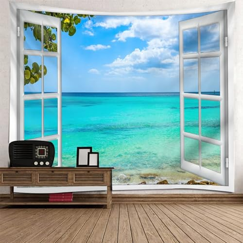KnSam Arazzo da parete per finestra, 300 x 256 cm, blu e verde in poliestere, paesaggio naturale, arazzo da parete per soggiorno, camera da letto