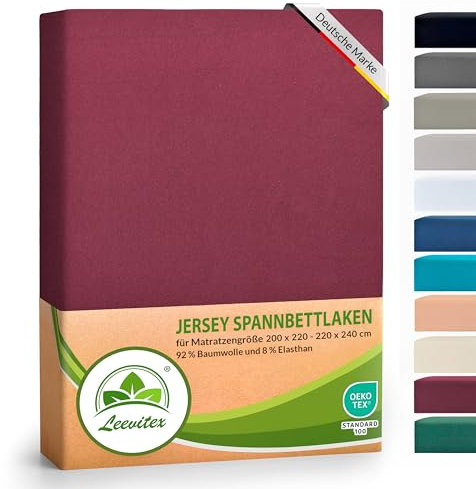 leevitex® Luxus Elasthan Jersey Spannbettlaken | 200x220 – 220x240cm | Multistretch | 250 g/m² | 92% Mako-Baumwolle 8% Elasthan | 40cm Steghöhe | außergewöhnlich hochwertige Ausführung | Bordeaux