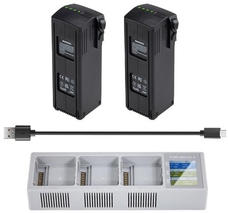 Fantasyo Mavic 3 Pro Akku Ersatz 2 Packungen 5000 mAh Akku + 1 Dreikanal Mavic 3 Ladegerät kompatibel mit DJI Mavic 3 Enterprise Series/Mavic 3 Pro Cine/Mavic 3 Pro/Mavic 3 Cine/Classic