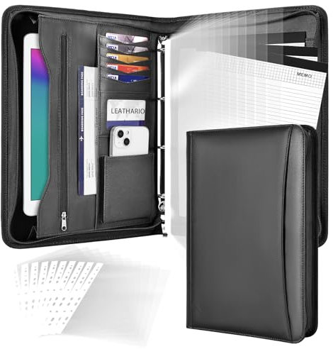 Leathario Portfolio A4 en PU Porte Document pour Bureau, Classeur à Quatre Anneaux avec Bloc - Notes, Agenda d'affaires Organiseur de Conférence,Conférencier pour Directeur