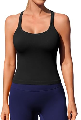 ATTRACO Womens Yoga Vest with Built in Bra Gym Tank Top Racerback Sport Running Tanks Workout Shirts Black L