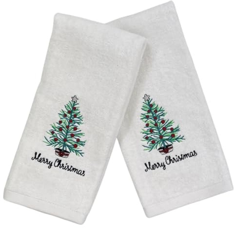 Luxury Winter Holiday Bath & Kitchen Towel Set: Decorated White Rustic Christmas Tree, Velour Terry 100% Cotton Towels Set of 2