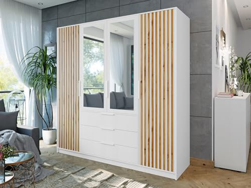 Easy4You Lux D4 Weiß/Eiche Wotan Kleiderschrank 196x200x57,5 cm mit Spiegel - Schlafzimmermöbel, Aufbewahrung – Mehrzweckschrank Geriffelte Fronten und 3 Schubladen