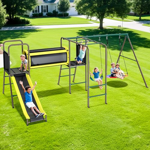 Hapfan 660lbs Swing Set with Slide,Crawl Tunnel and Monkey Bars for Backyard,5 in 1 Metal Swingset Outdoor for Kids Aged 3-12 (Patent Pending)