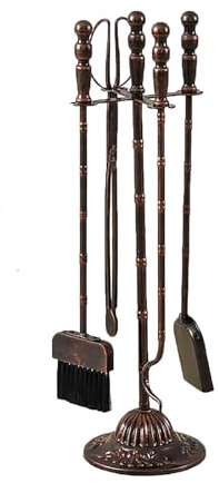 Kaminbesteck-Set, 5-teilig, Schmiedeeisen, Kaminbesteck-Set für den Innen- und Außenbereich, inklusive Besen, Schürhaken, Aschespachtel, Feuerzange und Ständerzubehör-Set (braun)
