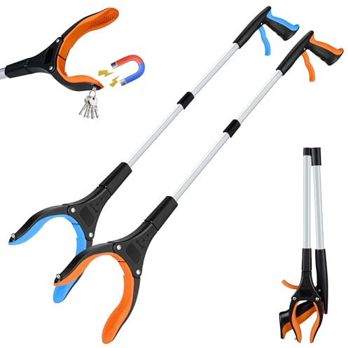 Bemece 83cm Litter Pickers Grabber Stick, Foldable-Sky Blue & Orange, 2PCS | Lightweight, Multi-use, Magnetic, 360° Rotating Claw, Anti-slip Silicone Jaw, Holds up to 2kg, Suitable for Adults, Seniors
