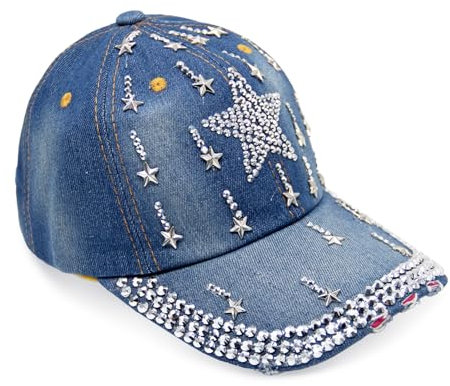 Glamexx24 Jeans Baseball Cap Damen Verstellbare Basecap mit Strasssteinen Atmungsaktive Baumwolle Baseballkappe für Outdoor Running Tennis Golf, Stern-Gross