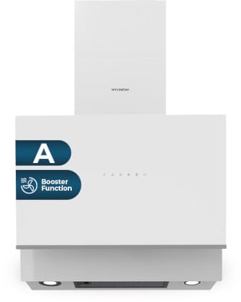 Hyundai Campana Extractora Inclinada 60cm Cristal blanco HCPD600AB. Potencia 253m3/h, Tiro Doble, 4 Velocidades, Control Táctil, Filtro apto para Lavavajillas.