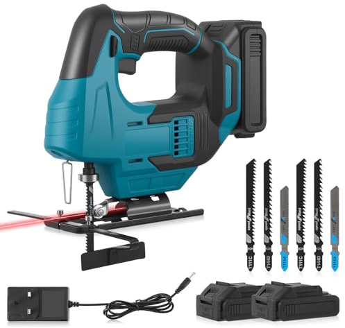 Cordless Jig Saws 21V 450W with 3 Orbital Setting, Electric Jigsaw Tool with 2x2000mAh Batteries, Red Light Guide Line, Bevel Angle 0°-45°, for Wood PVC Metal Plywood Cutting