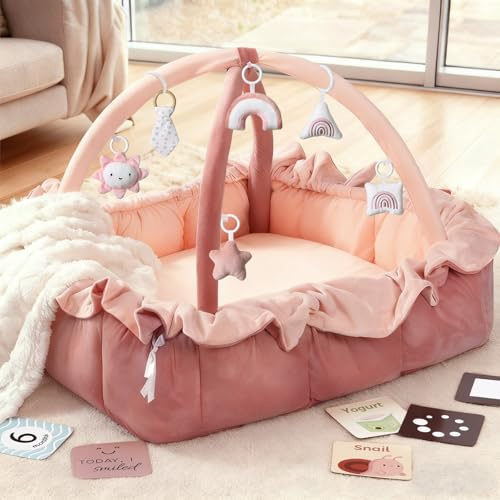 Mallify 5-in-1 Plush Baby Play Gym, Baby Play Mat, Convertible Baby Gym with Blanket and 6 Toys, Tummy time mat, Baby Activity Center from Newborn to Toddler, Baby Gym, Baby Newborn Essentials, Pink