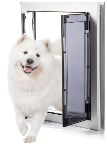PRMTYUP Hundeklappe, Hundeklappe Aus Aluminium Mit DoppelflüGeln, Hundeklappe Mit Automatisch SchließEnden Magnetklappen, EinschubtüR & 4 Sicherheitsverriegelungen,Silber,44x35x6.5cm