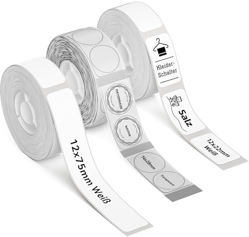 NIIMBOT Etiketten Wasserfeste Selbstklebender Etikettenband für D11 D110 D101 Etikettendrucker, 3 Rollen Thermoetiketten für Zuhause Büro Schule, 12x75 mm Weiß, 14x28 mm Transparent, 12x22 mm Weiß