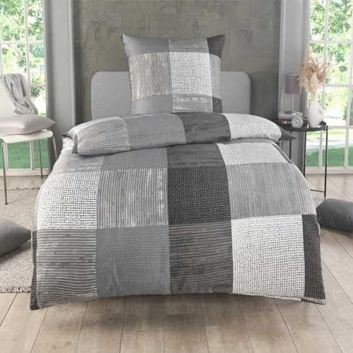 Kuscheli 2-teilige Bettwäsche 155x220 – Mikrofaser Oeko-TEX, 1 Bettbezug 155x220 & 1 Kissenbezug 80x80, Reißverschluss, weich & bügelfrei – Grau Karo