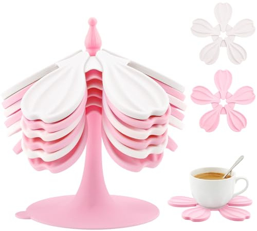 Tree Trivet, Silicone Trivets for Hot Dishes,Expandable/Collapsible Design Silicone Trivets for Hot Pans/Dishes/Plates/Pots, Ideal for Camping 6 Pcs Trivets + 1 Stand（（Pink））