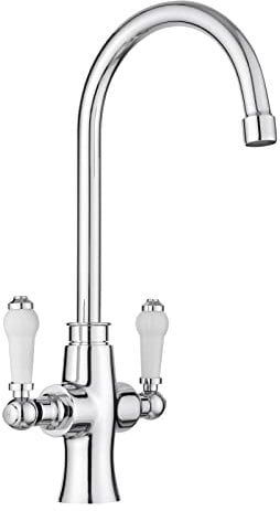 JASSFERRY Traditional Kitchen Mixer Tap Elegant White Ceramic Dual Lever Quarter Turn Monobloc Sink Faucet with Chrome Swivel Spout