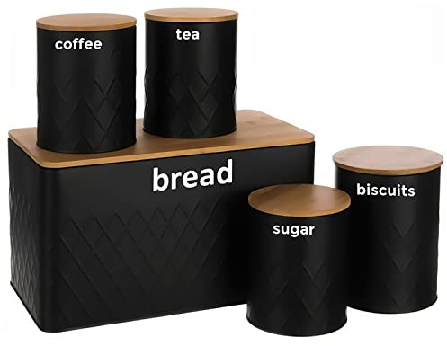 Janoon 5pc-Kitchen Set Bread Bin,Tea,Coffee,Sugar,Tins and Biscuit Barrel Sealed Containers (Black)