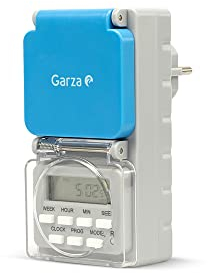 Garza - Temporizador Programador Digital de Exterior, Protección IP44, Programación Semanal (8 Programas), Modo Aleatorio, Enchufe con protección, Gris y Azul