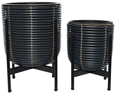 Lot de 2 cache-pots en polyrotin anthracite rond sur pieds - Jardideco