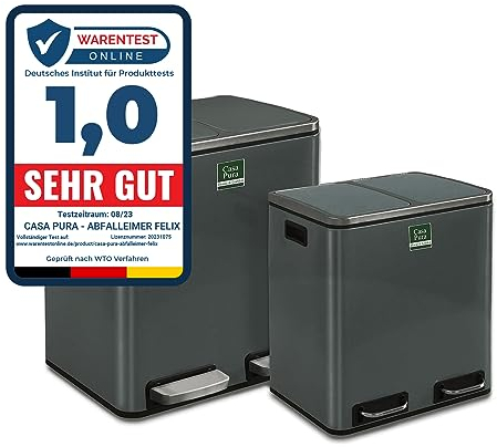 Floordirekt Mülleimer Felix - Abfalleimer mit Schließdämpfer - optimale Mülltrennung - herausnehmbare Behälter mit Henkel (2 x 15 Liter, Anthrazit)