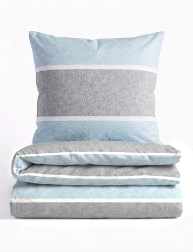 biberna Premium Melange-Flanell Bettwäsche 135x200 cm blau | Biber 2-teilig mit Kissenbezug 80x80 cm | 100% Baumwolle | wärmend & weich | Reißverschluss | Winterbettwäsche | Streifen | Modell 0840506