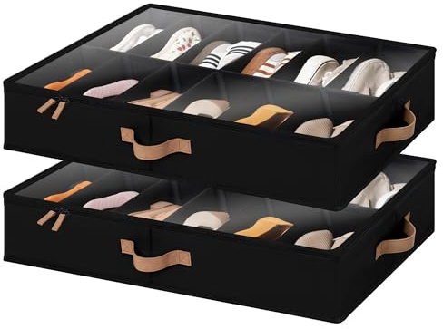 StorageWorks Unterbett Schuhaufbewahrungsbox, große Bettkasten Aufbewahrung mit Deckel, für bis zu 24 Paar, faltbare Schuhbox für unter Bett, Stoff Unterbettbox für Kleidung, schwarz, 2 Stück