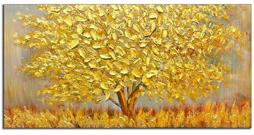 Fokenzary Dipinto a mano astratto moderno con grande albero di fiori spessi effetto 3D coltello, tela incorniciata pronta da appendere (oro-M)